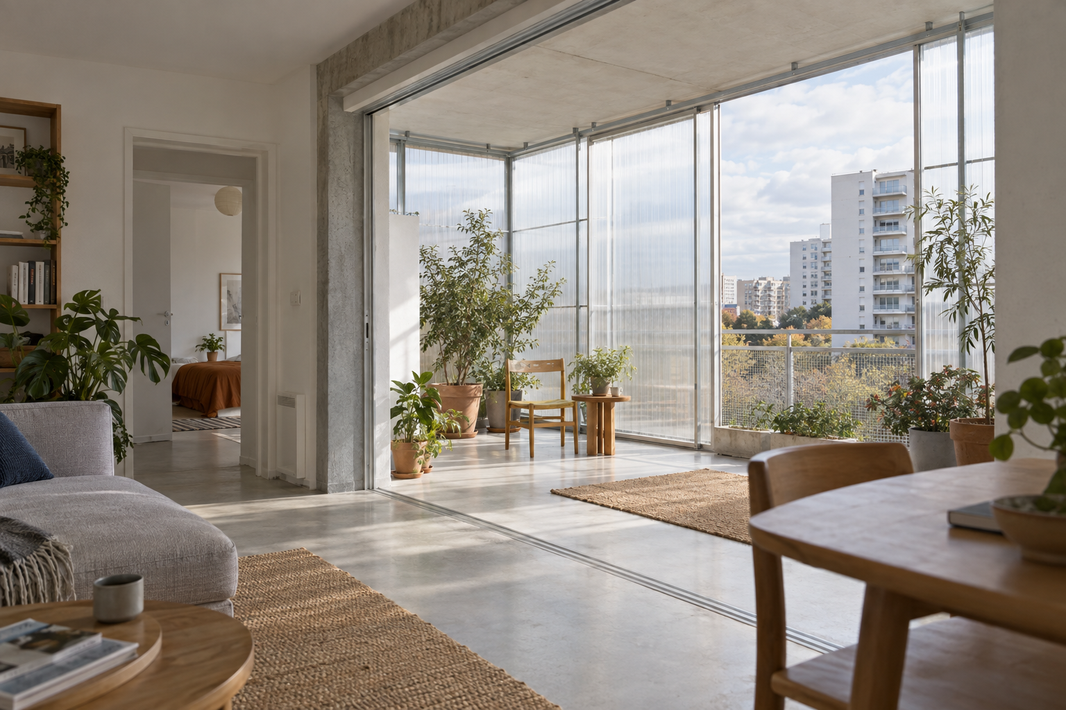 Modern apartment interior with concrete floors and walls opening to a balcony with glass and translucent panel walls.