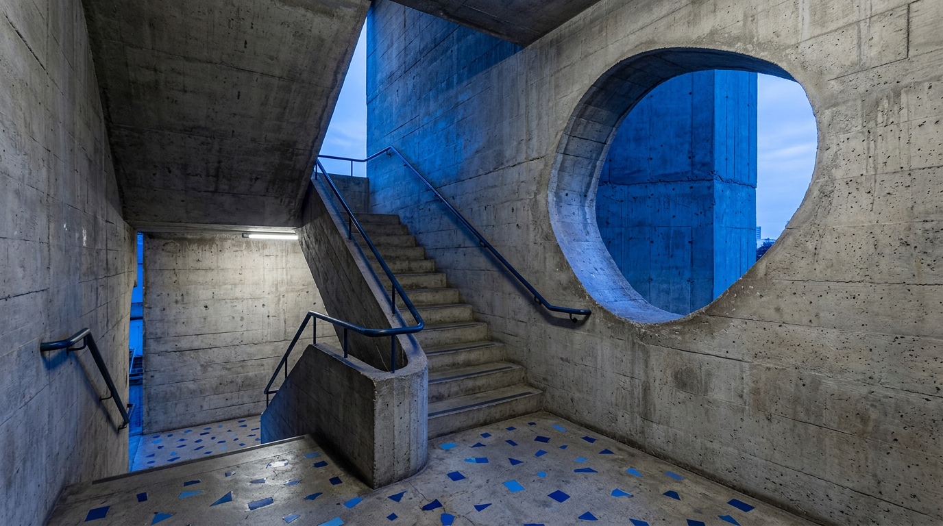 Brutalist concrete staircase with black handrails and blue inlaid floor, viewed from the bottom looking up.