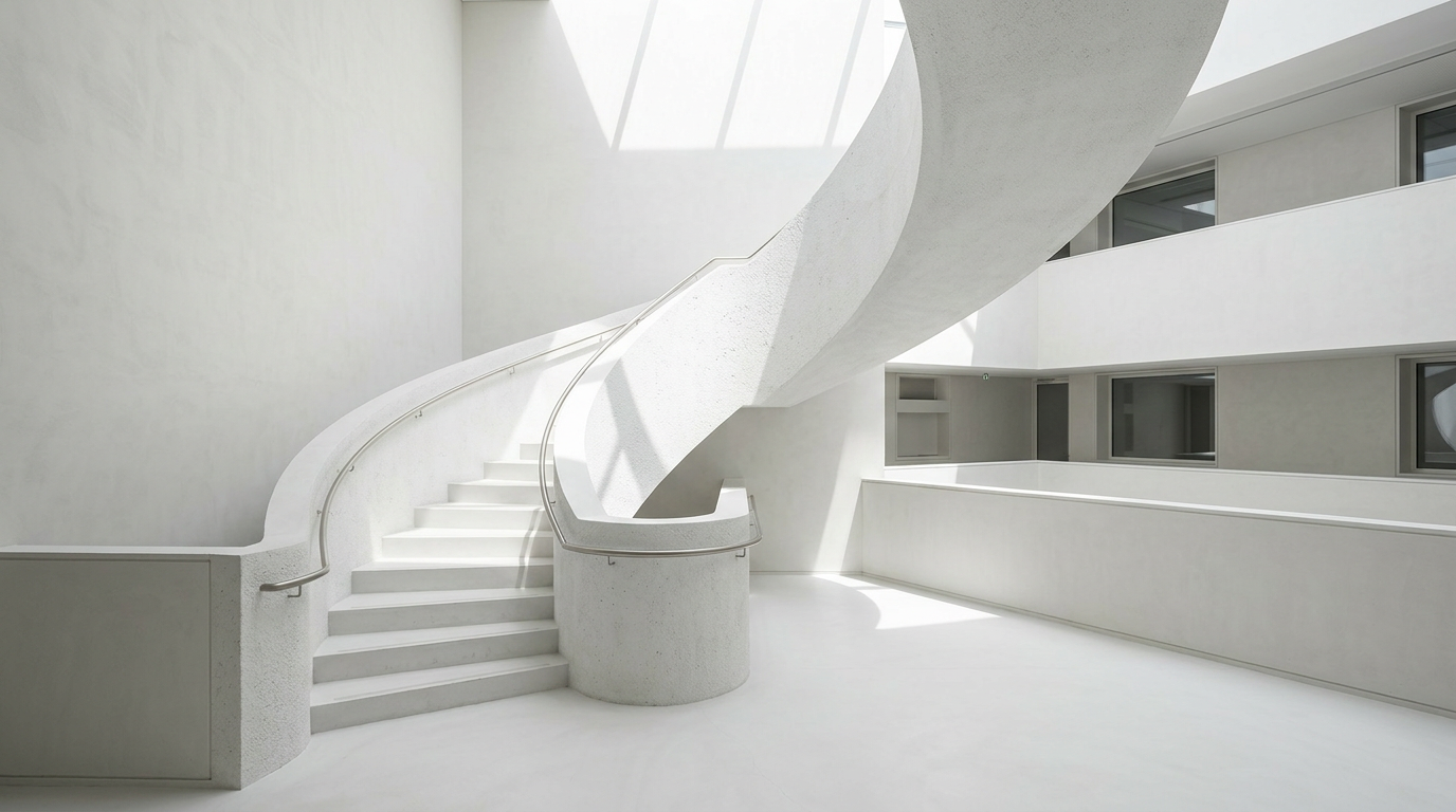 A white concrete spiral staircase with a metal handrail rises through a multi-story interior space with windows.