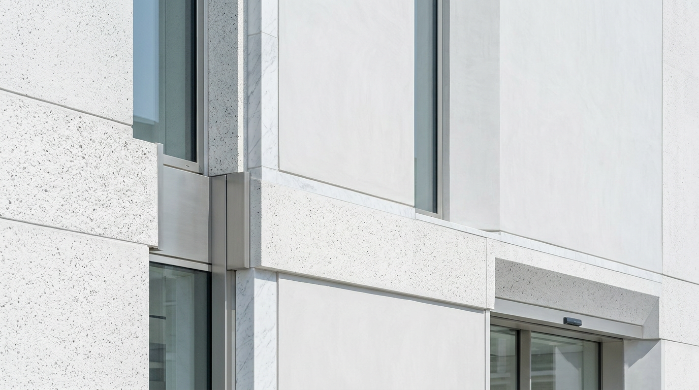 Modern building facade featuring white textured concrete and smooth white panels, punctuated by vertical glass windows and me