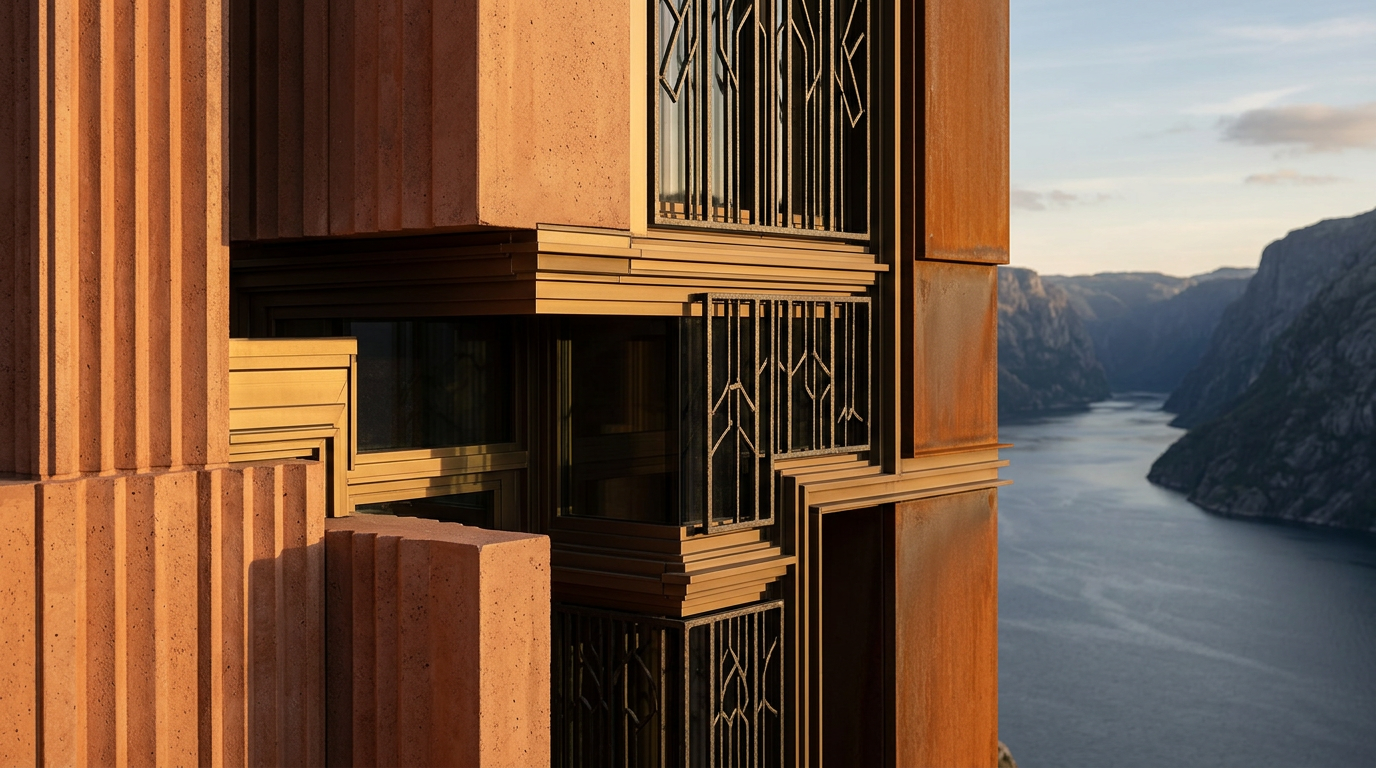A concrete and metal building with geometric windows overlooks a fjord and mountains from a high vantage.