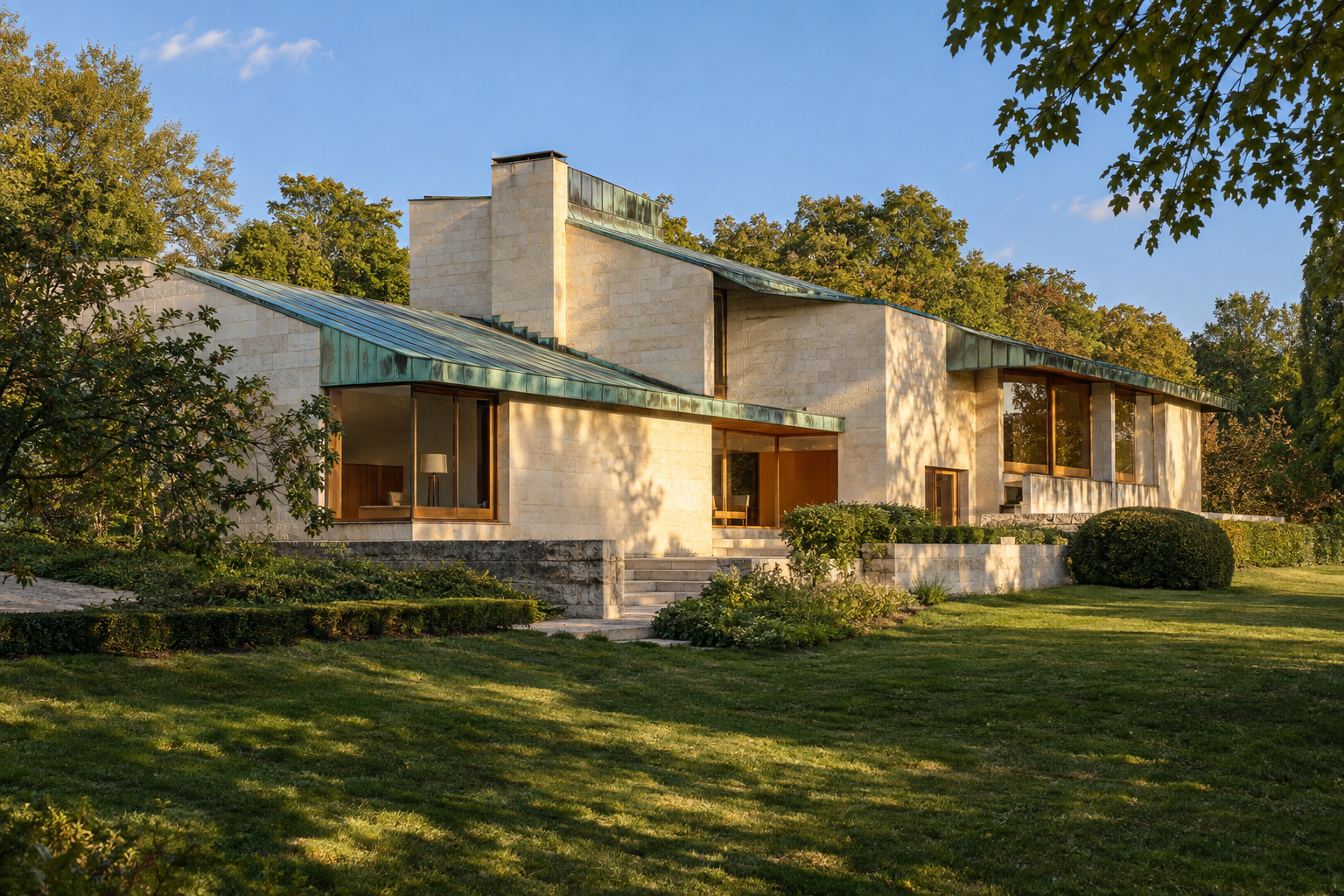 Modern house with light stone walls and verdigris copper roofs, surrounded by green lawns and trees from a low vantage point.