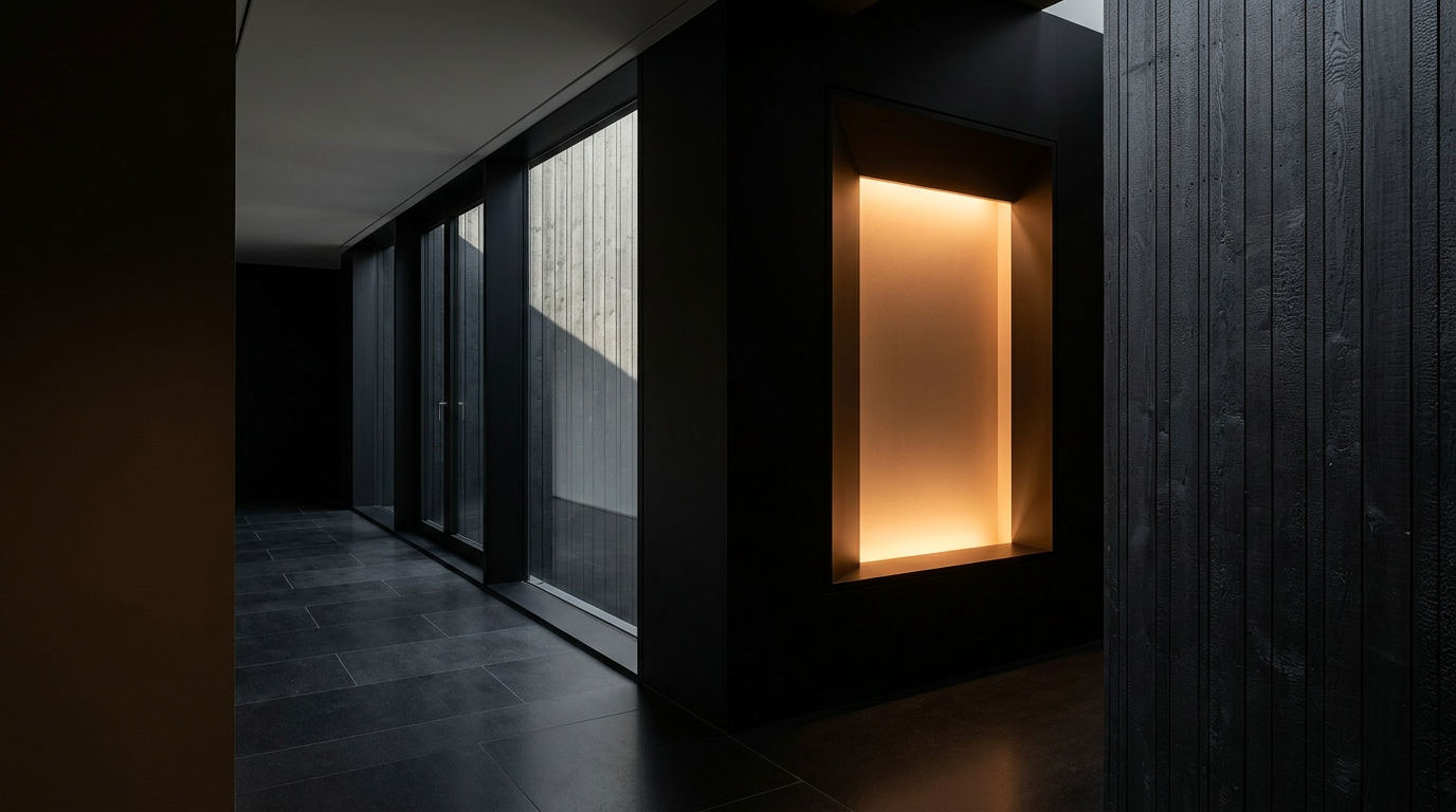 Modern interior with dark timber walls, black tiled floor, a large glass window, and an illuminated recessed alcove.