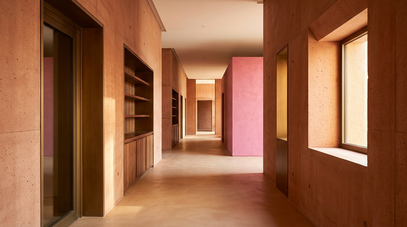 Long, narrow interior hallway with textured red concrete walls, wooden built-ins, a glass door, and a vibrant pink partition