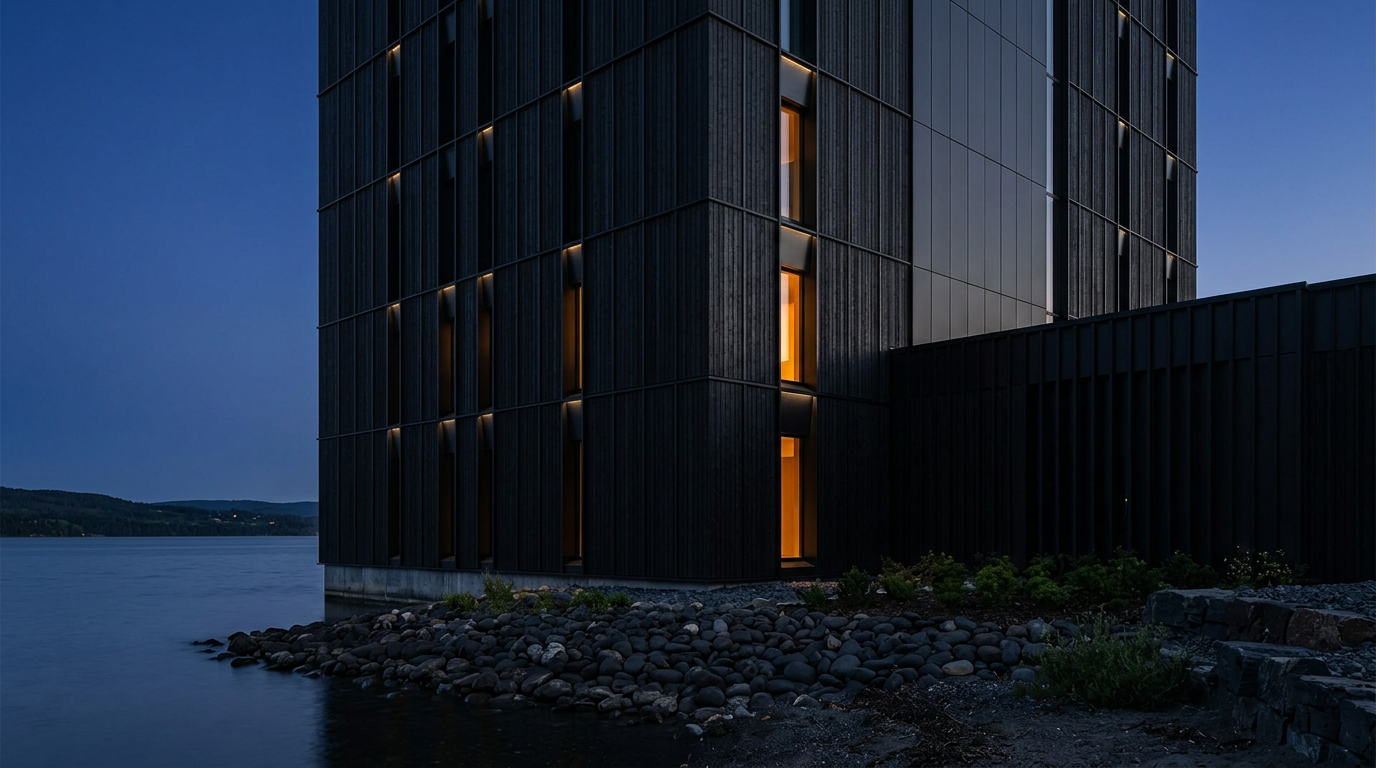 Black timber-clad building with glowing windows stands by a rocky shoreline and calm water under a twilight sky.