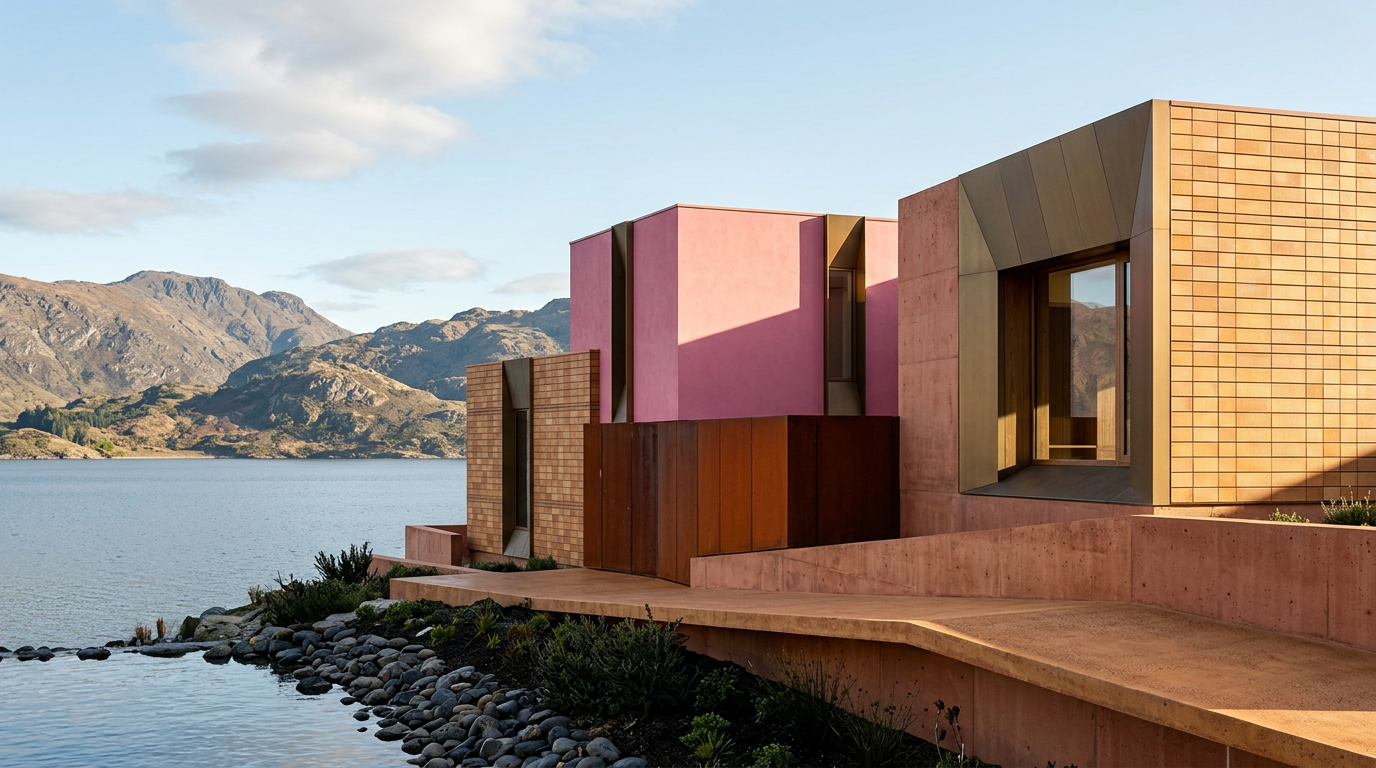 Modern concrete, tile, and stucco building with corten steel details by a lake with mountains in the background.