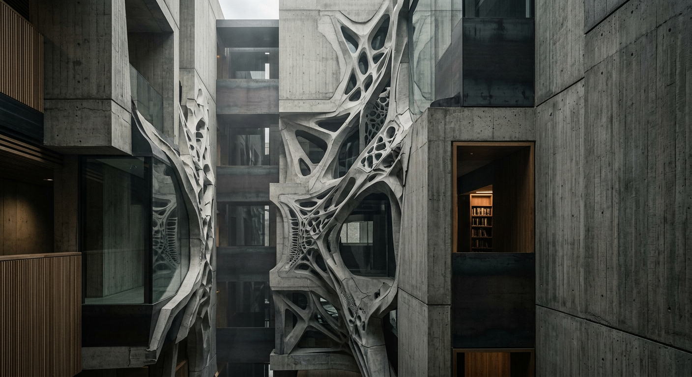 A futuristic building facade with intricate, flowing geometric patterns, suggesting adaptation and intelligence within its structure.