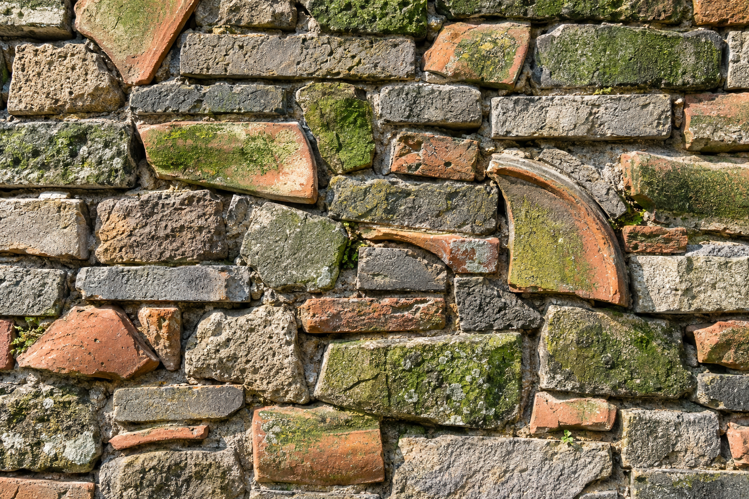 Extreme close-up of the Ningbo History Museum's 'wa pan' masonry wall, showing salvaged grey bricks, terracotta tiles, and stone fragments.