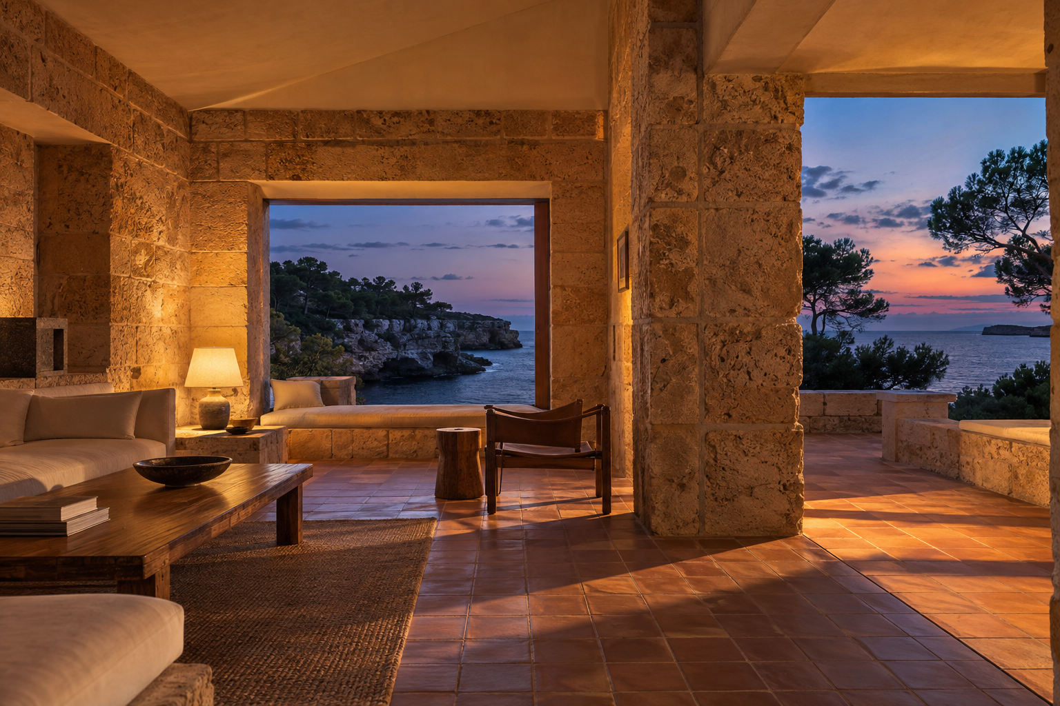 Stone interior living room with timber furniture and tile floor, overlooking a sunset sea and rocky coastline.