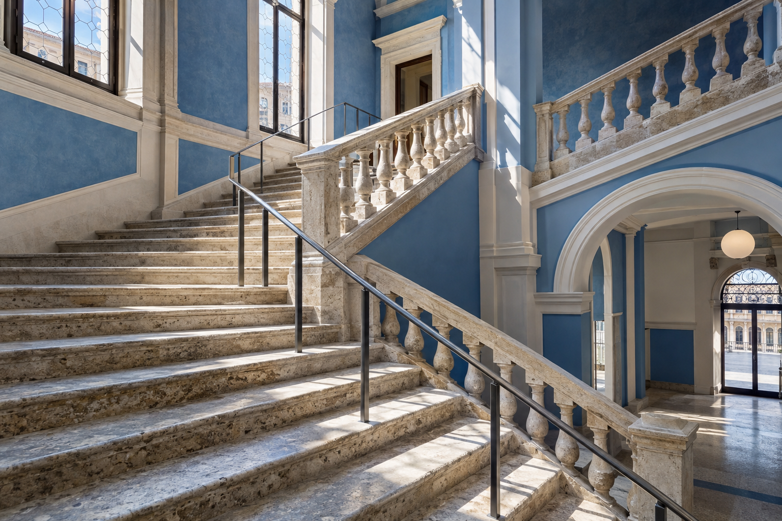Grand stone staircase with ornate balustrade and modern iron railing in a light blue hall, adaptive reuse northern italy.
