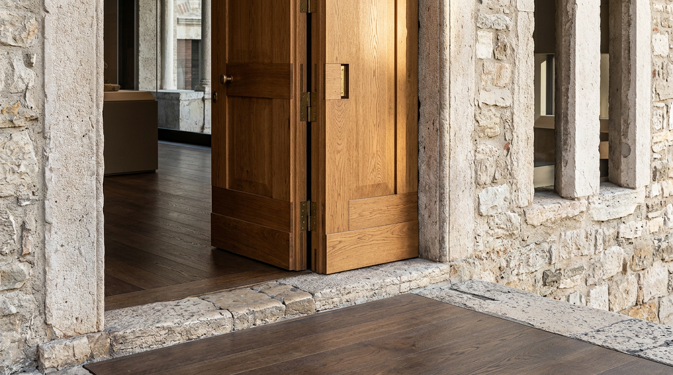 An open timber door with brass hinges framed by rough stone blocks, leading to a dark wood floor interior.