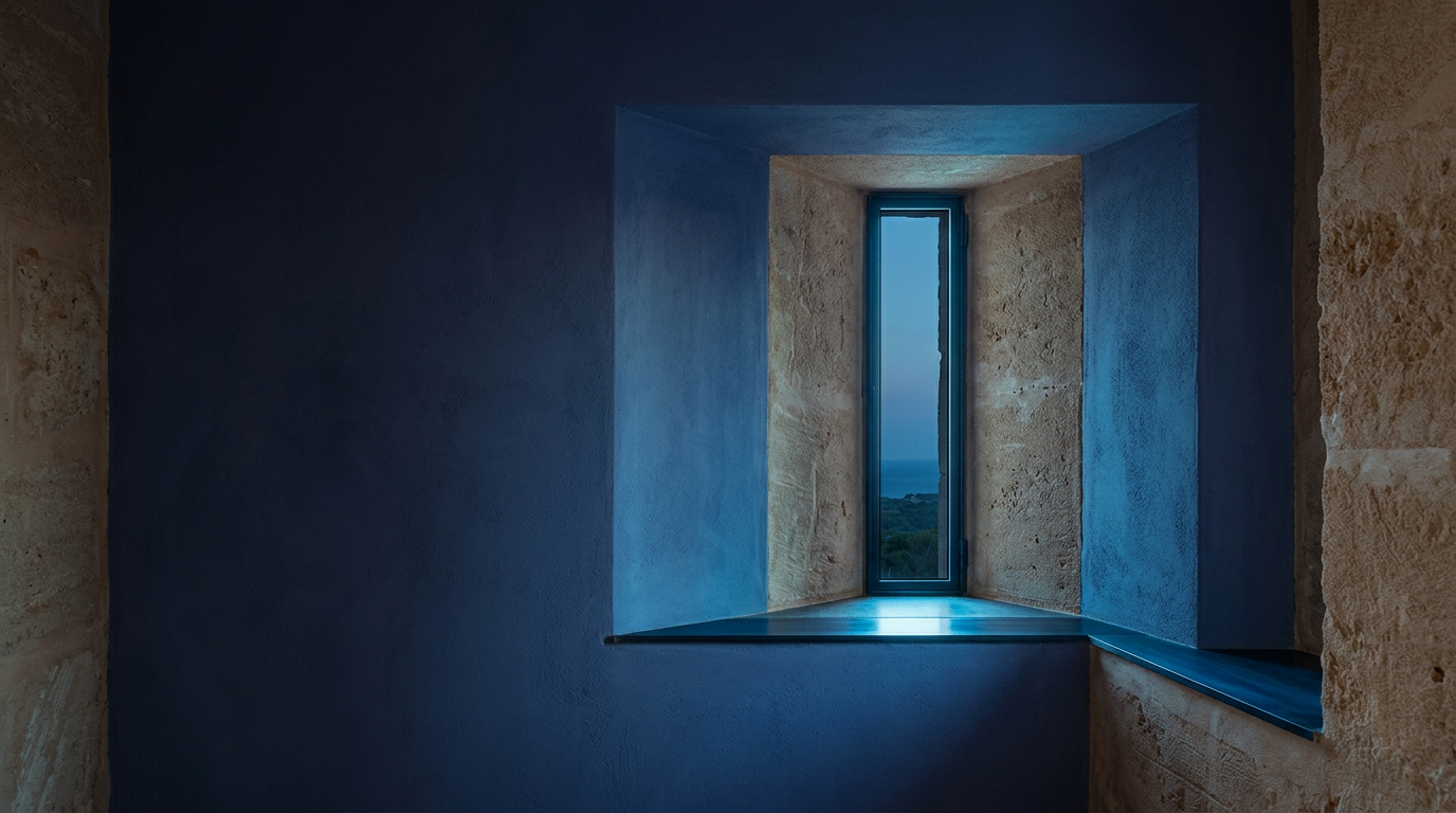Deep recessed window opening with rough stone reveals and painted blue plaster walls, showing a distant sea view.