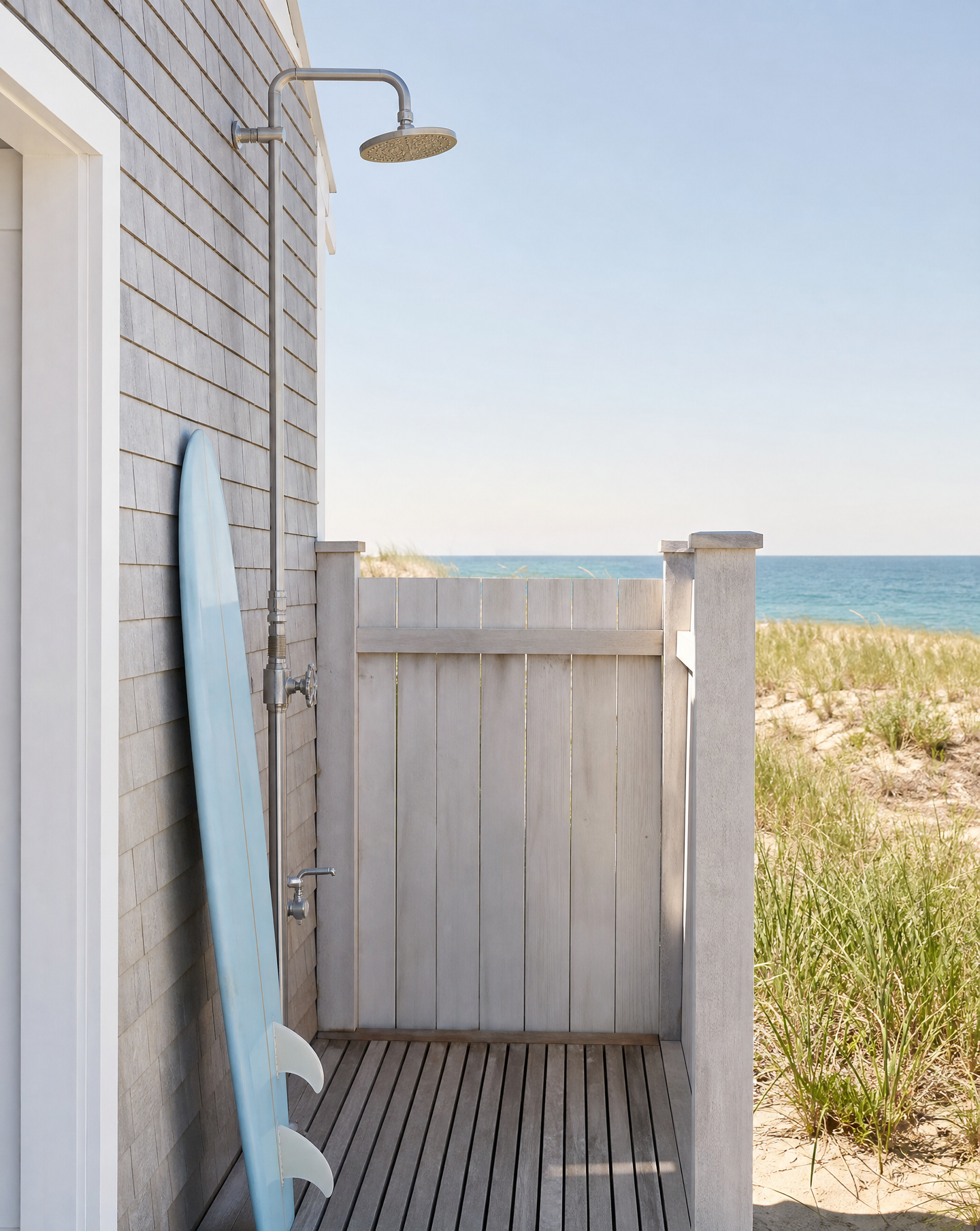 Outdoor shower enclosure on a Hamptons beach house: silvered cedar shingle walls, whitewashed board screen, sun-faded teak duckboard floor and a stainless exposed-pipe shower, with dune grass and the Atlantic beyond.