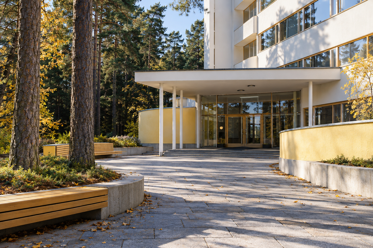 AI-generated interpretation, not a photograph of the building: Concrete canopy and glass entrance at Paimio Sanatorium Alvar Aalto, viewed from a stone plaza with timber benches.