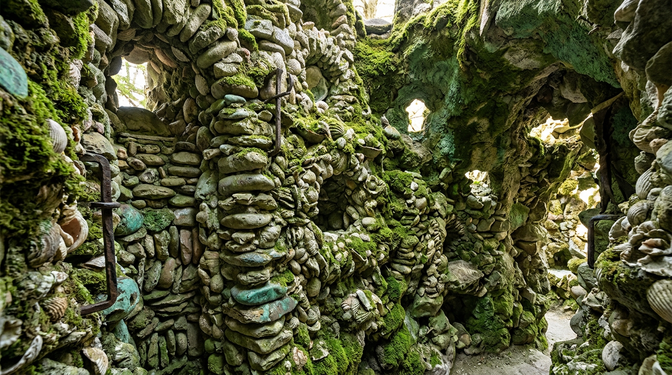 Moss-covered pebble and shell grotto interior with arched openings and a metal fixture, seen from within.