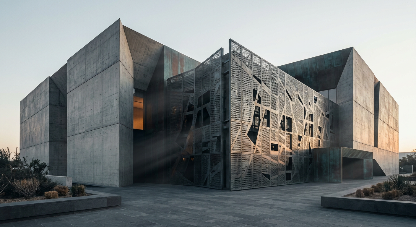 Close-up of a building facade featuring a precisely perforated metal screen, casting patterned shadows.