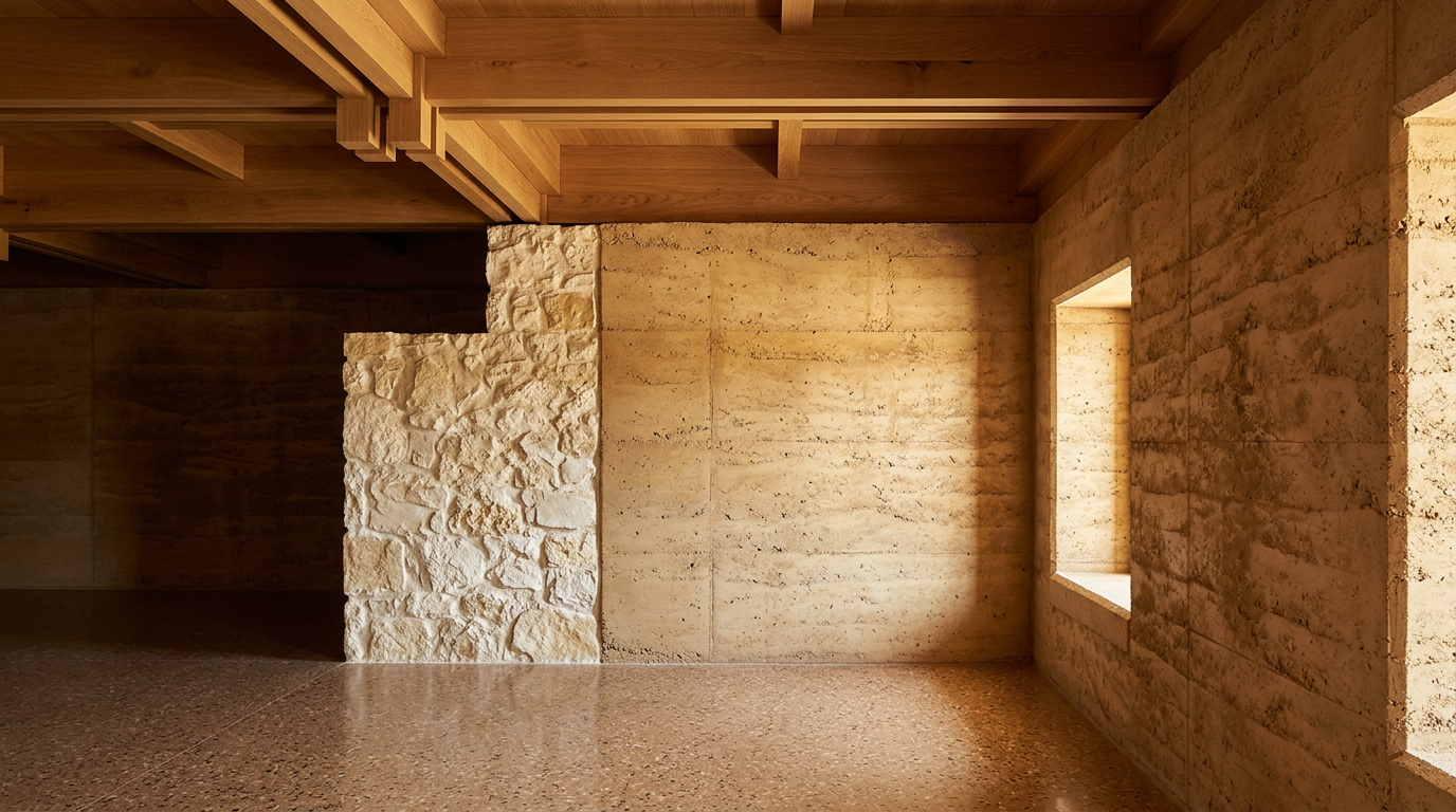 Interior of a room with timber ceiling beams, rammed earth walls, a stone partition, and a speckled terrazzo floor.