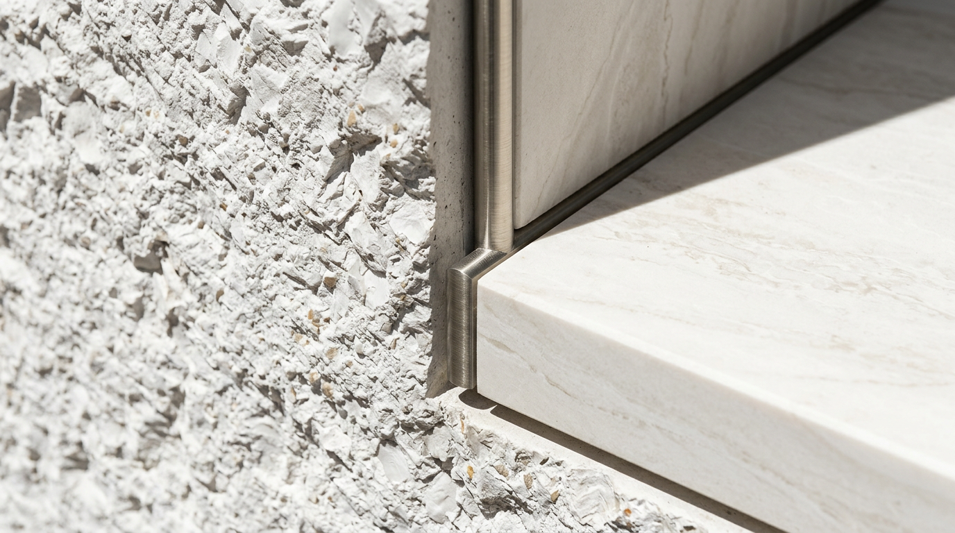 Close-up of a concrete wall with exposed aggregate next to a smooth marble surface with a brushed metal trim.