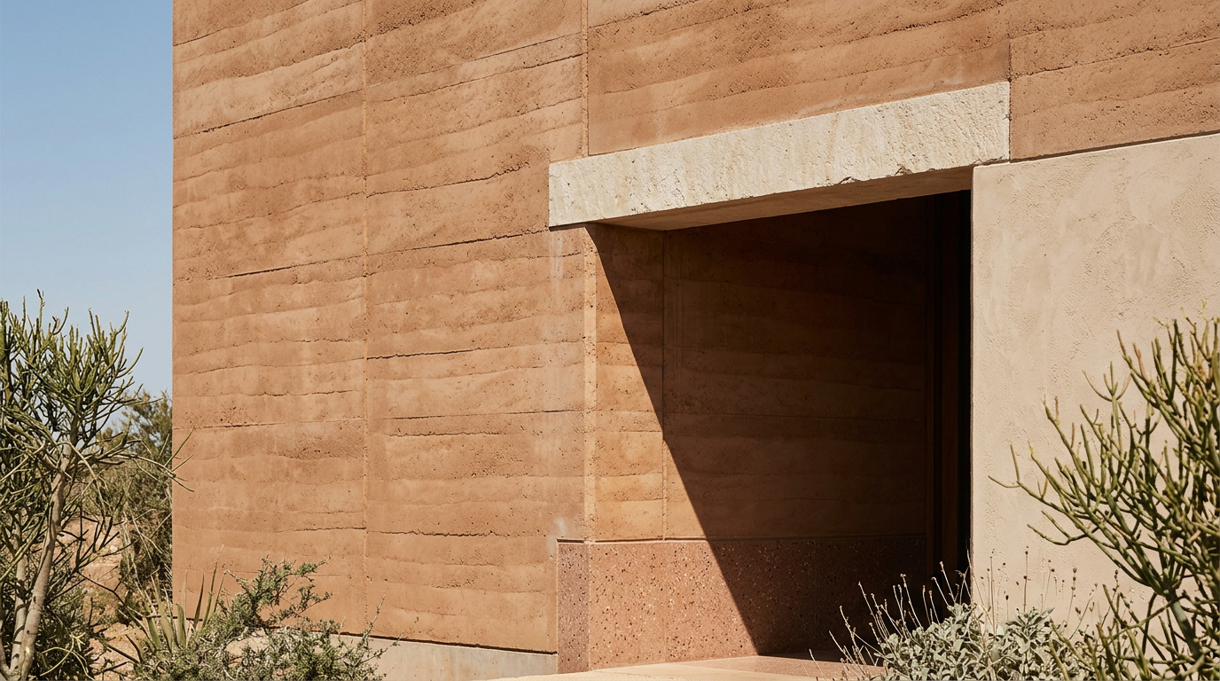 Facade of a building constructed with rammed earth, featuring a stone lintel over a shadowed entryway, framed by desert plant