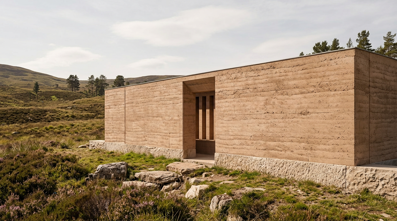 Highlands Rammed Earth Hammam with textured earth walls and stone foundation in a rugged landscape.