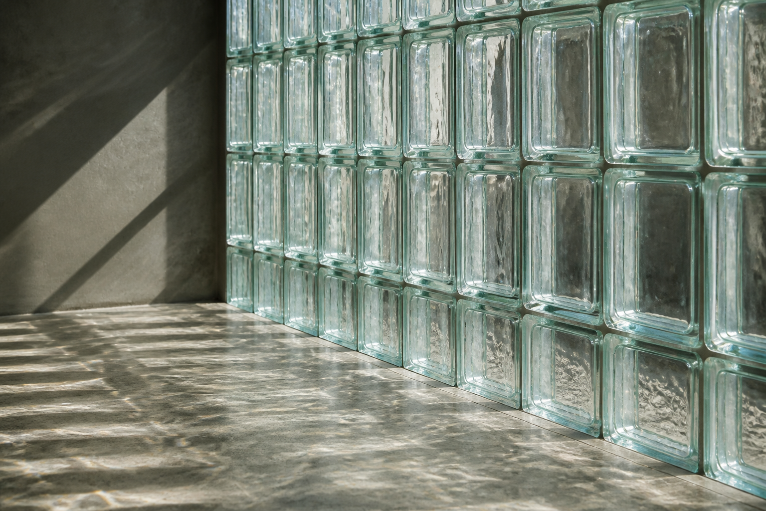 A translucent wall of cast glass blocks creates wave-like patterns of light on a concrete floor and wall.