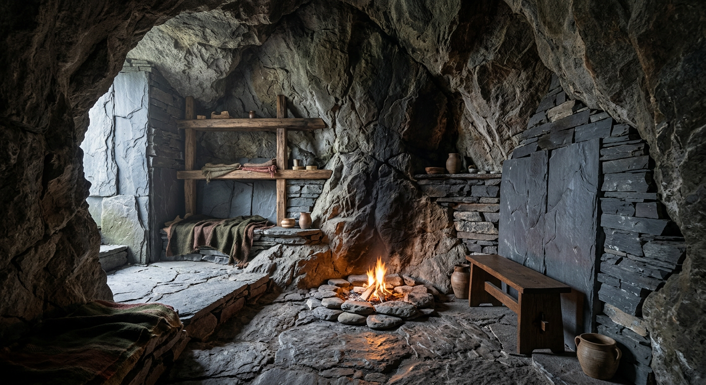 Interior view of a stone cave dwelling furnished with timber shelving, clay pots, and a central fire pit.