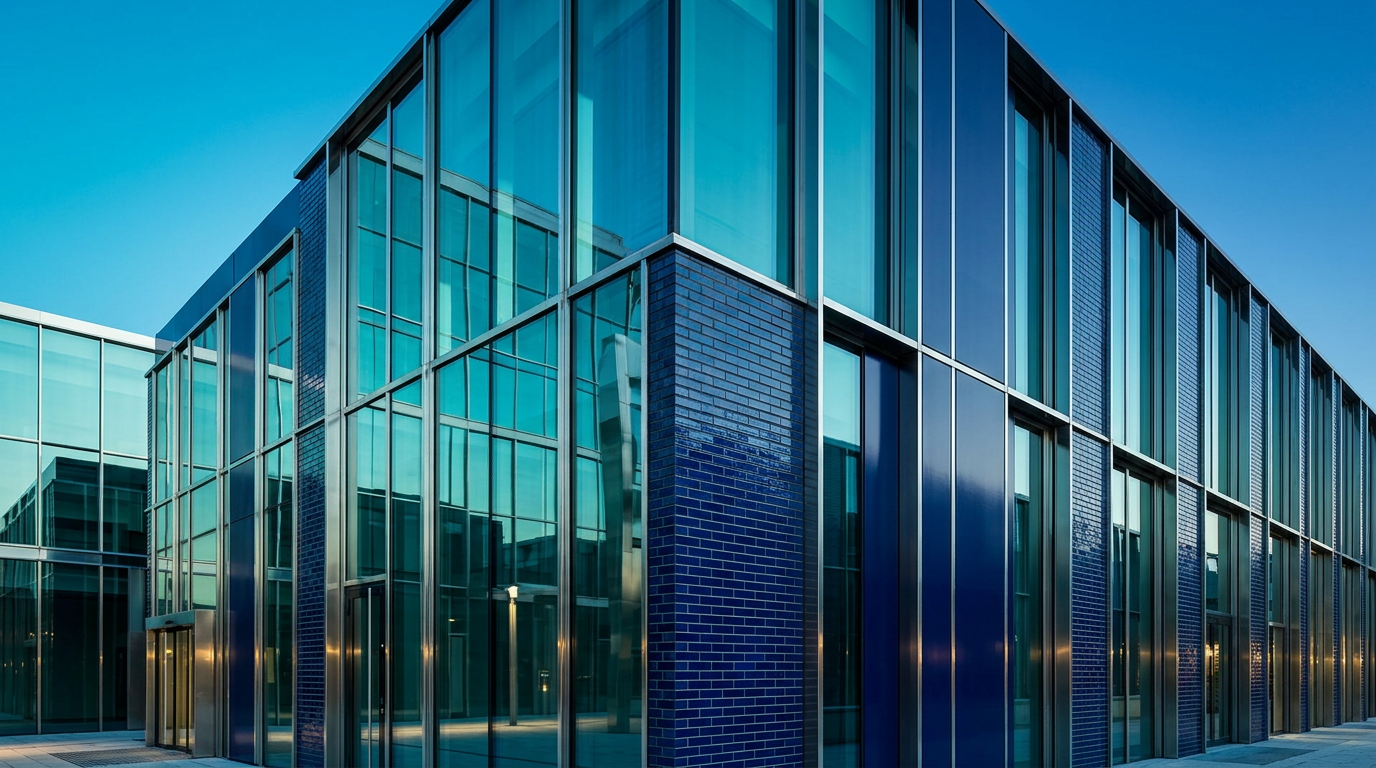 Modern building with blue glass and navy brick facades, viewed from a low angle.