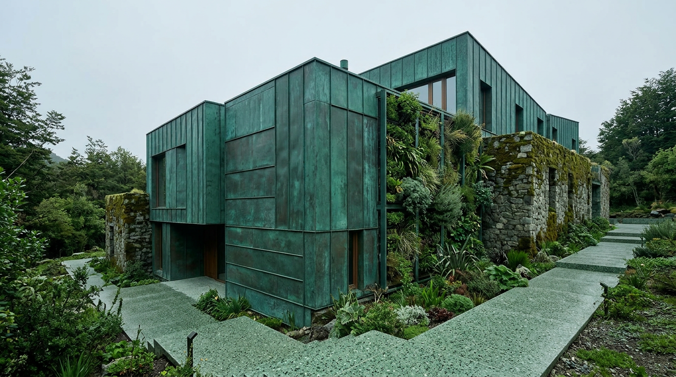Contemporary home with a weathered green copper and stone facade and a living wall, viewed from a garden path.