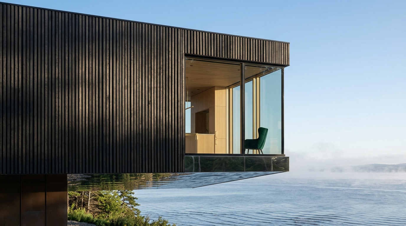 Sainte-Luce Cabin, clad in dark timber with extensive glass, cantilevers over a misty lake from a side view.