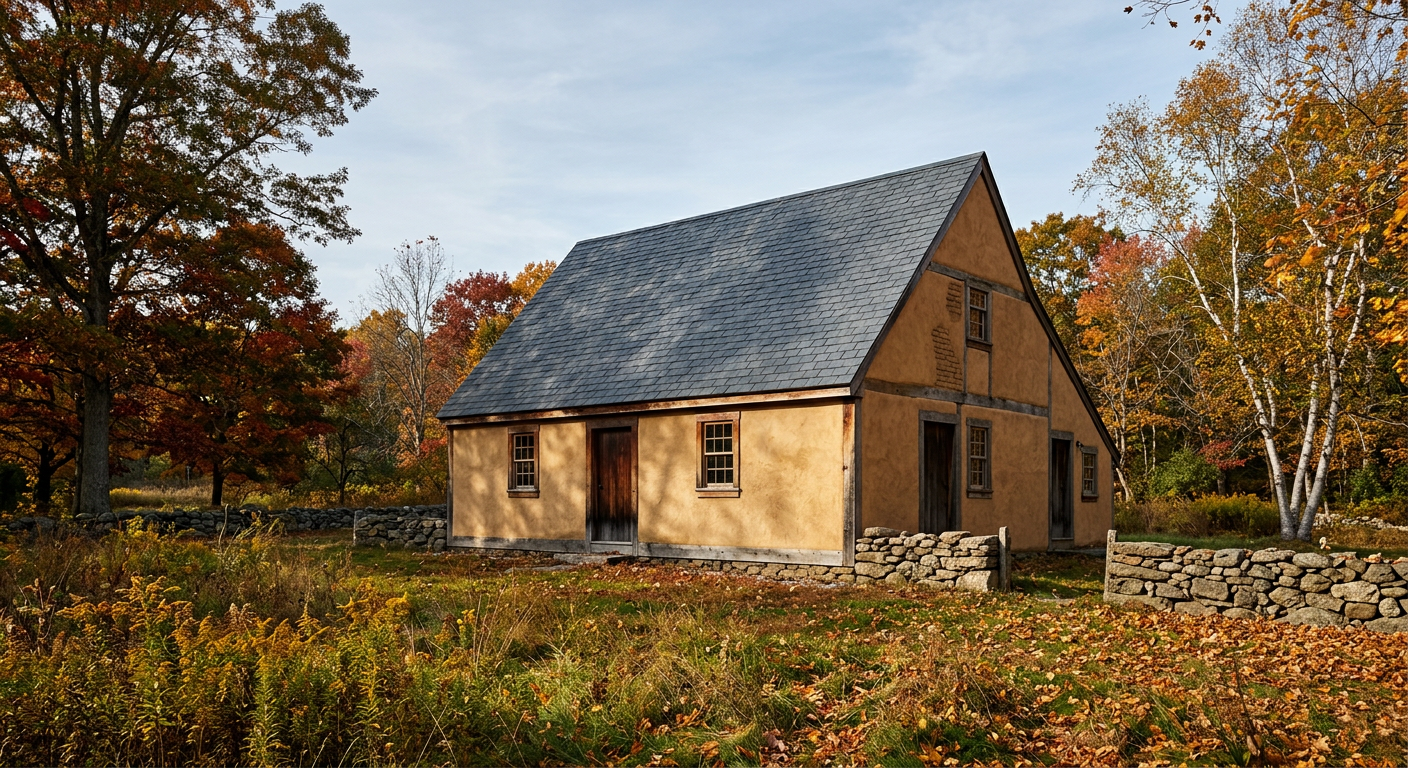 A timber-framed house with a stucco exterior and slate roof, from a low-angle exterior, surrounded by fall foliage.