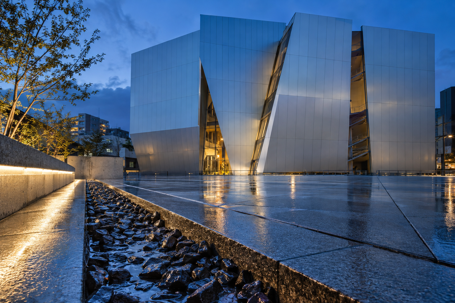 Low-angle view of the Sumida Hokusai Museum meeting the ground, featuring dark perimeter gravel and rain-slicked paving beneath angular reflective aluminium cladding under a deep blue sky.