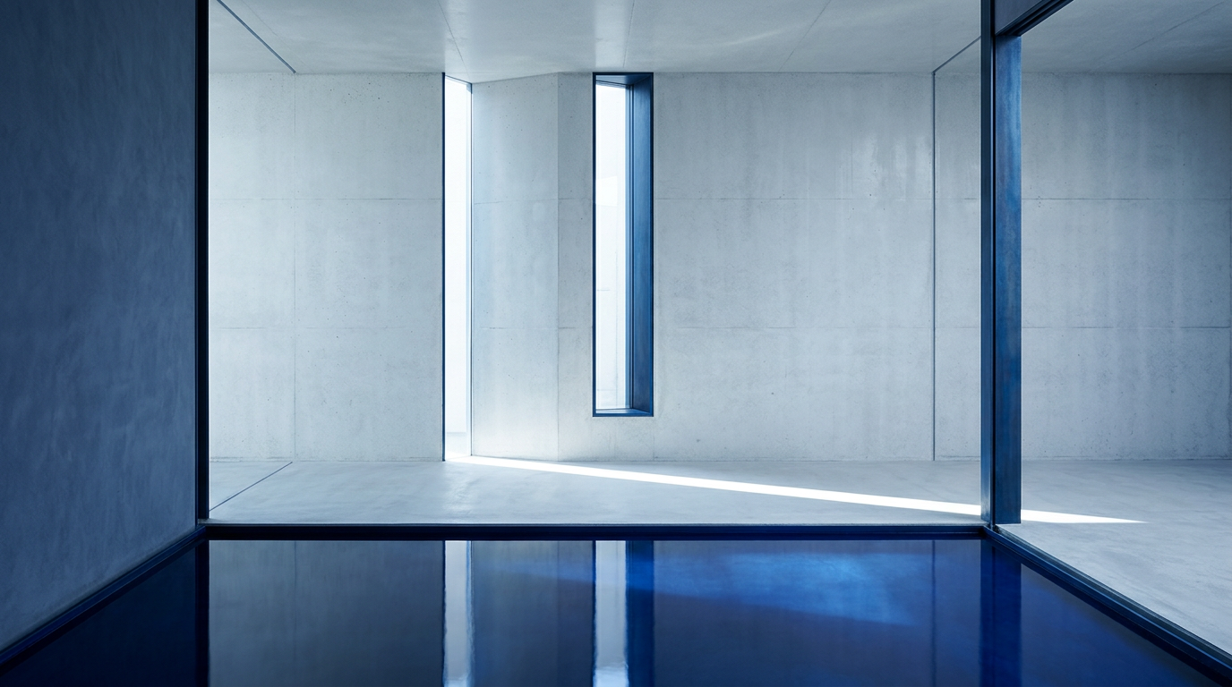 Modern concrete interior with a deep blue reflective water feature and tall vertical windows.