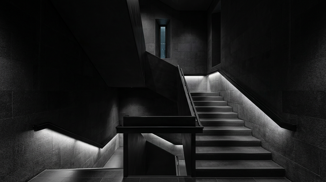 Modern stone staircase with illuminated handrails and a small window, part of the Schloss Hetzendorf adaptive reuse.