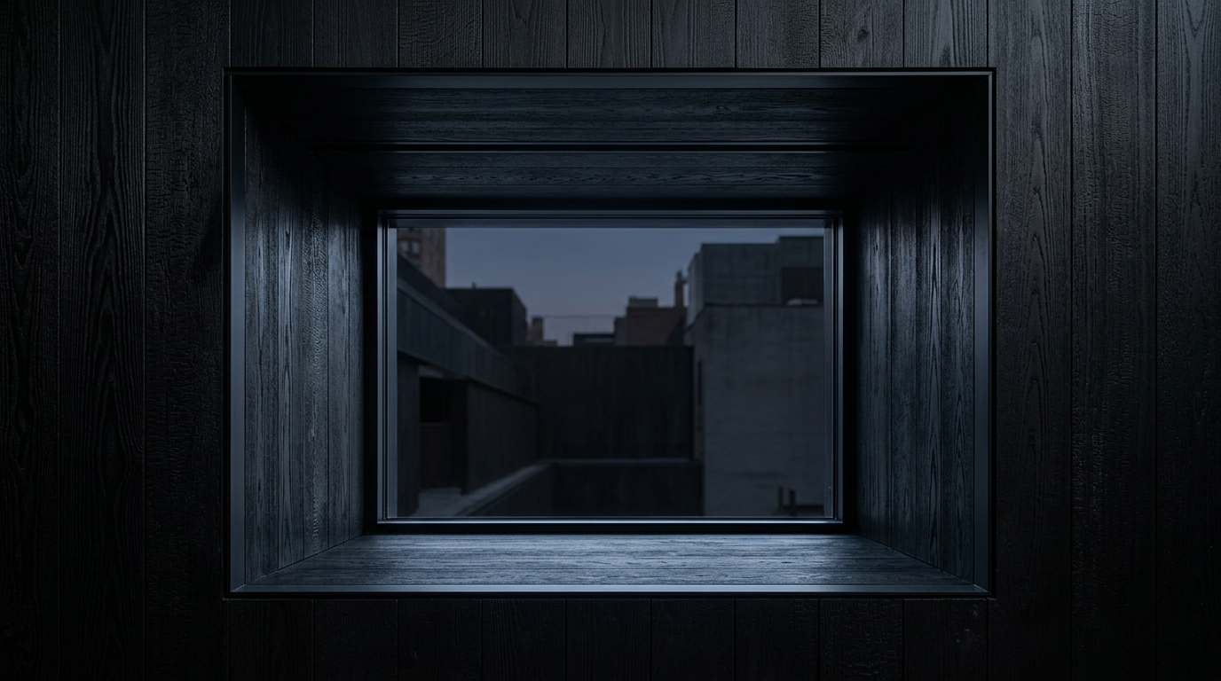 Black timber-paneled window looking out to dark concrete buildings against a twilight sky in Scholarly Cellars New York.