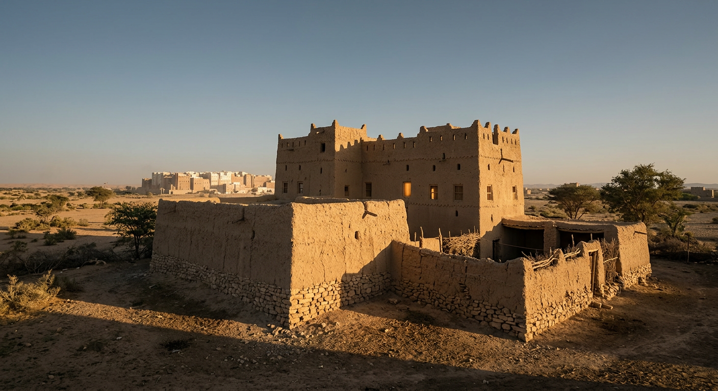 A mud-brick fortified palace in a desert environment, with smaller mud-brick buildings in the foreground and a distant town.
