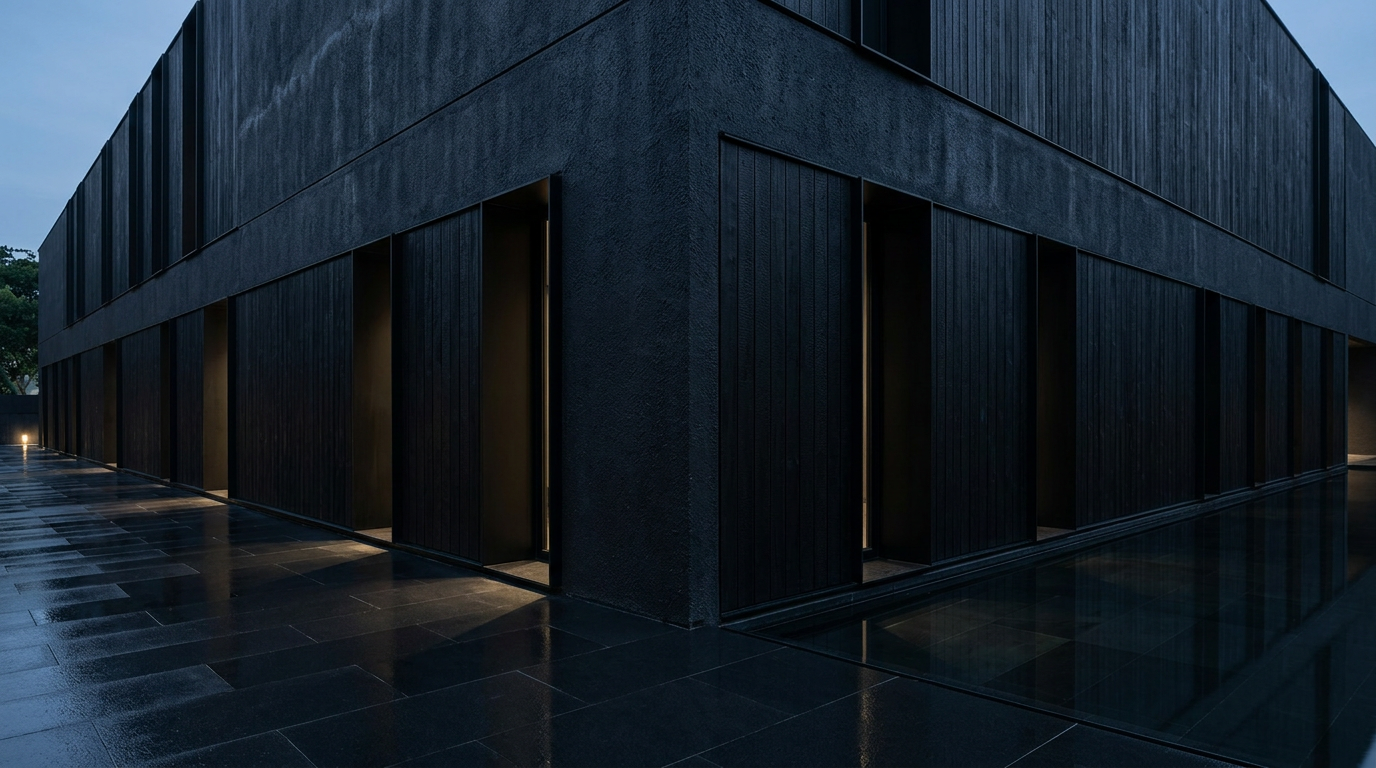 Modern building with dark timber and textured concrete walls, reflecting in a black tiled ground and water feature.