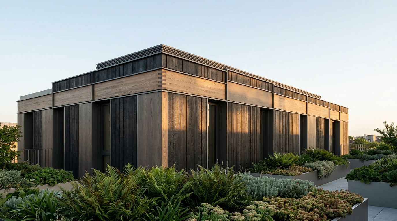 Modern timber building with dark Shou Sugi Ban cladding and natural wood accents, surrounded by lush rooftop garden planters.