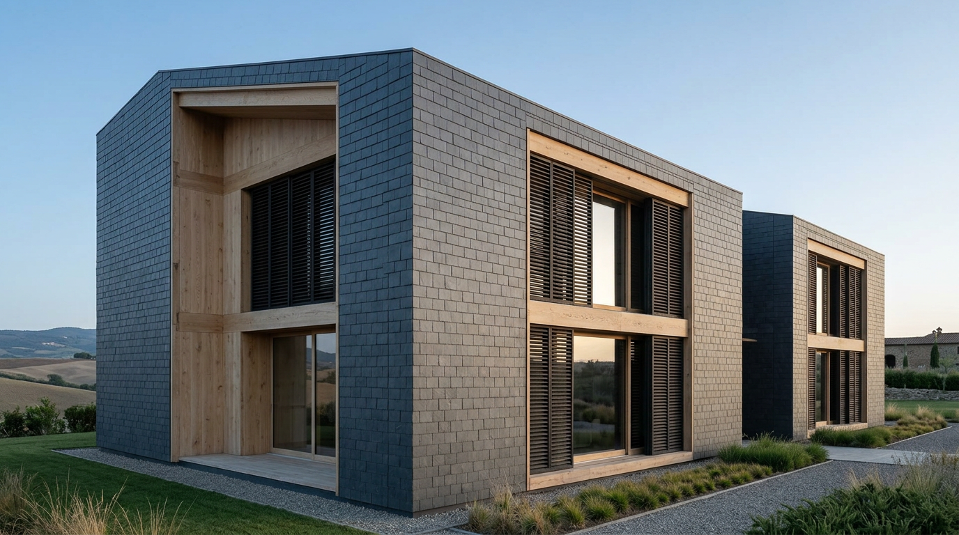 Modern house of dark slate and wood paneling, featuring large windows with black shutters, set in a rural landscape.