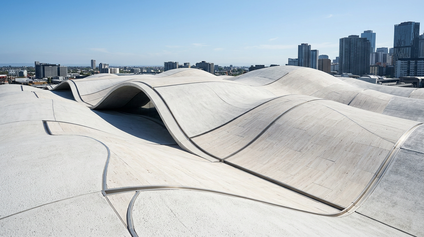 Wavy, sculptural concrete roof with skylights, viewed from above, with a city skyline in the background.