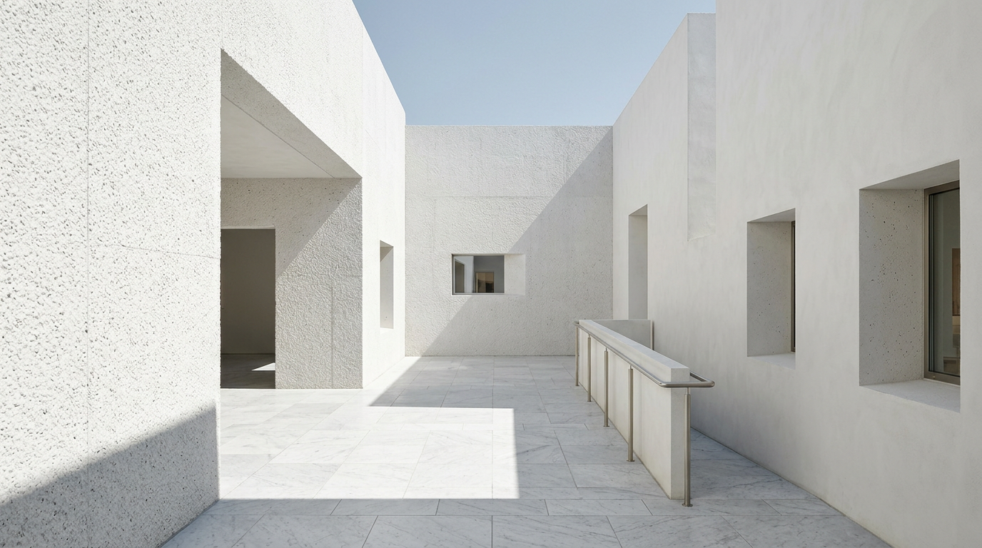 White stucco walls with rectangular cut-outs for windows and doorways, and light grey marble tile flooring, seen from a patio