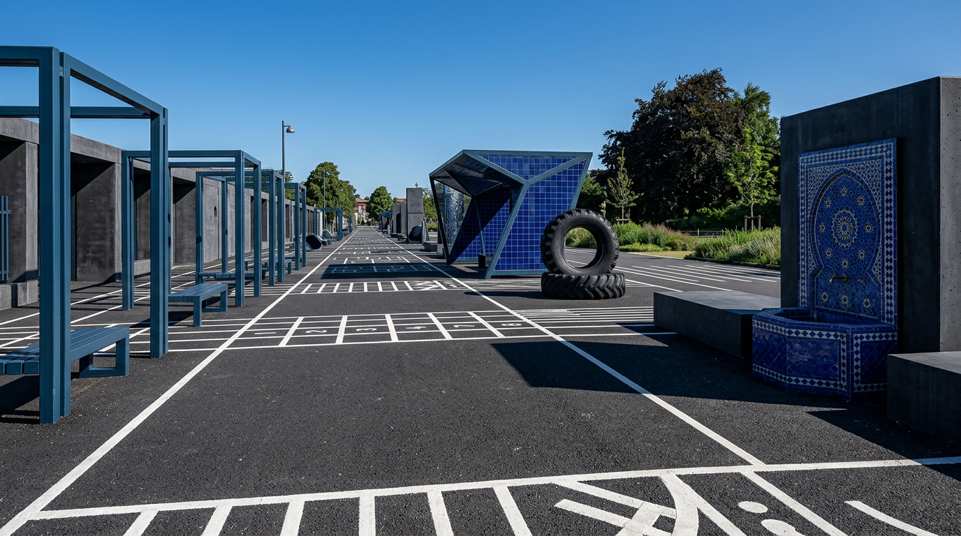 Asphalt path with white markings, blue metal benches, a solar-paneled structure, and a tiled concrete fountain.
