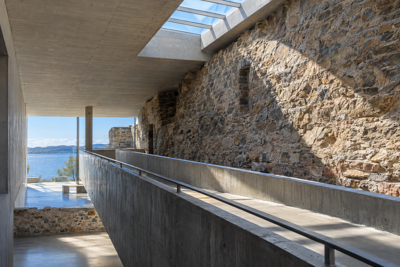 Concrete ramp leading to a glass wall overlooking a lake, with an ancient stone wall on the right under a skylight at Sverre