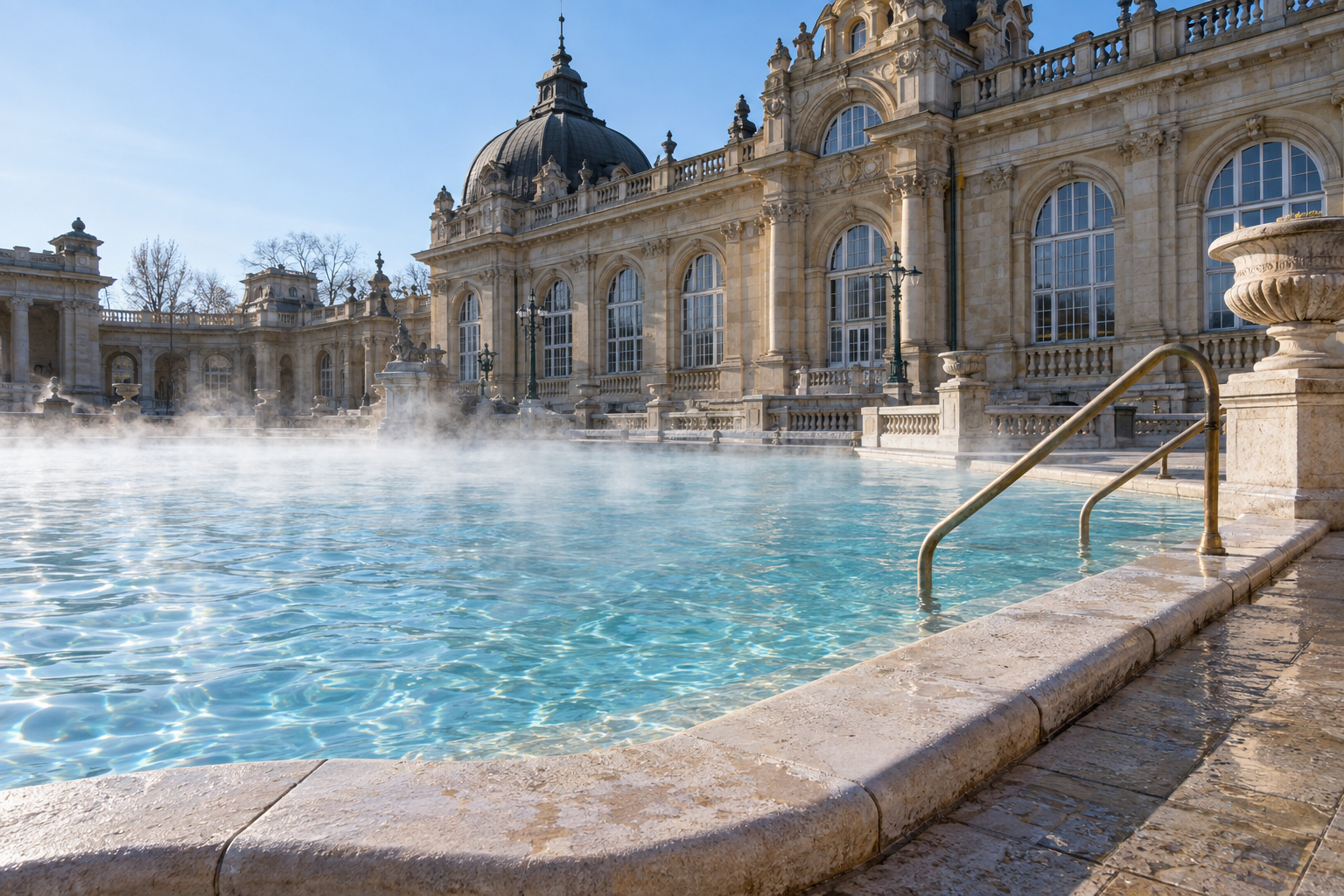 Széchenyi Thermal Bath exterior, a grand yellow stone building with domes and ornate details, seen from a steaming pool.