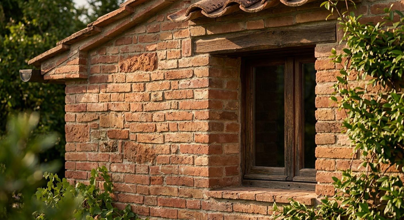 Brick building corner with a wooden window frame and clay tile roof overhang, partially covered by green vines.