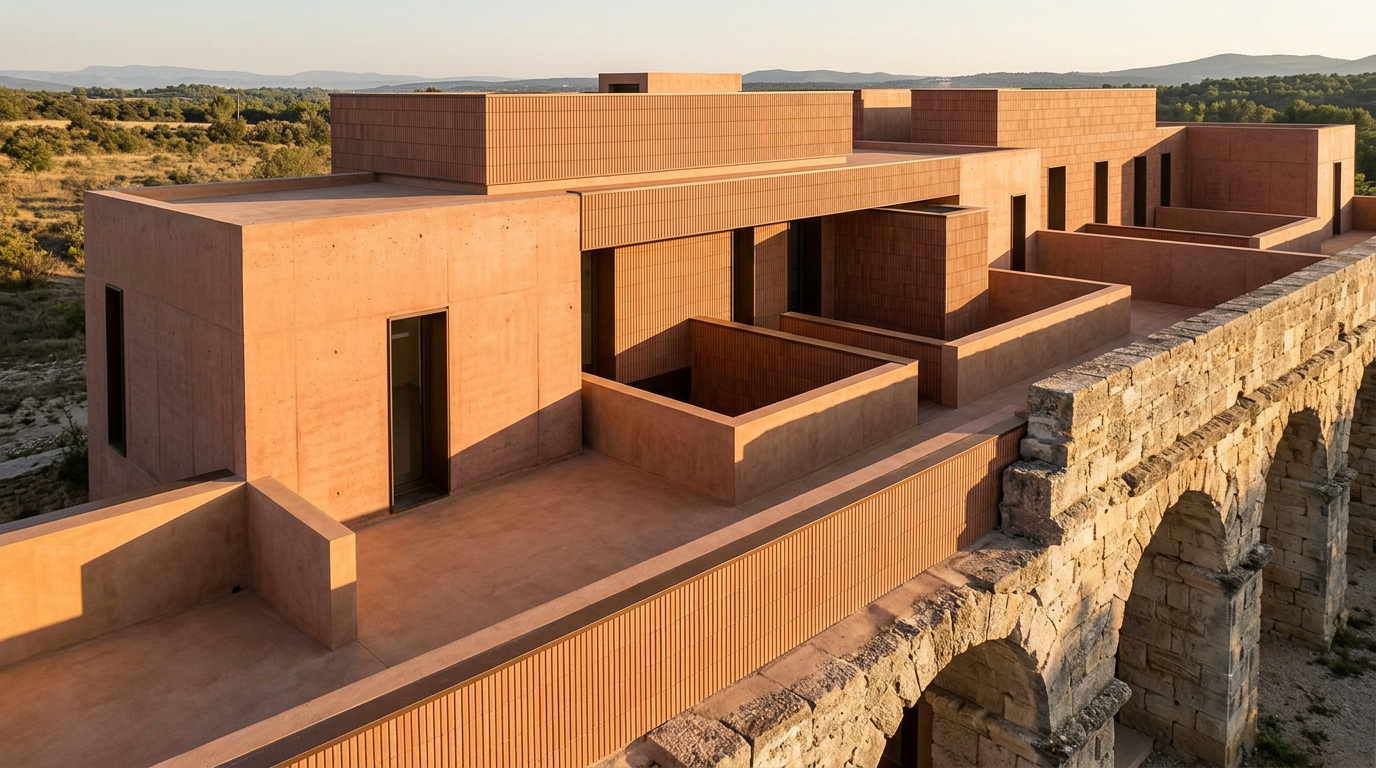 Terracotta-colored concrete building with rectangular forms, adjacent to an ancient stone arch aqueduct, seen from an elevate