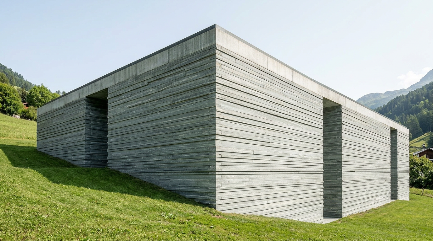 Vals Thermal Baths, a concrete building with textured layered stone walls, seen from a low angle on a grassy hill.