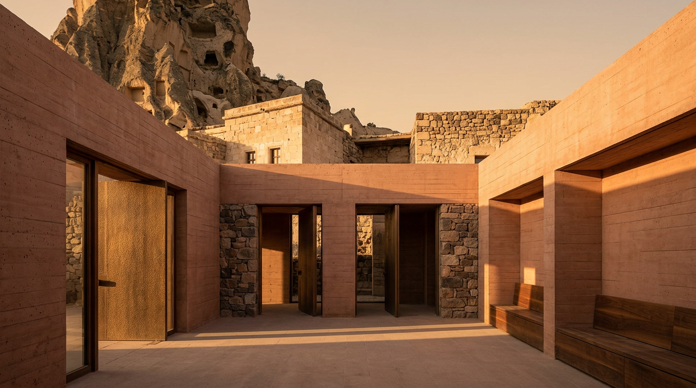 A modern courtyard of concrete, stone, and wood-paneled walls features a large rock formation with carved openings in the bac