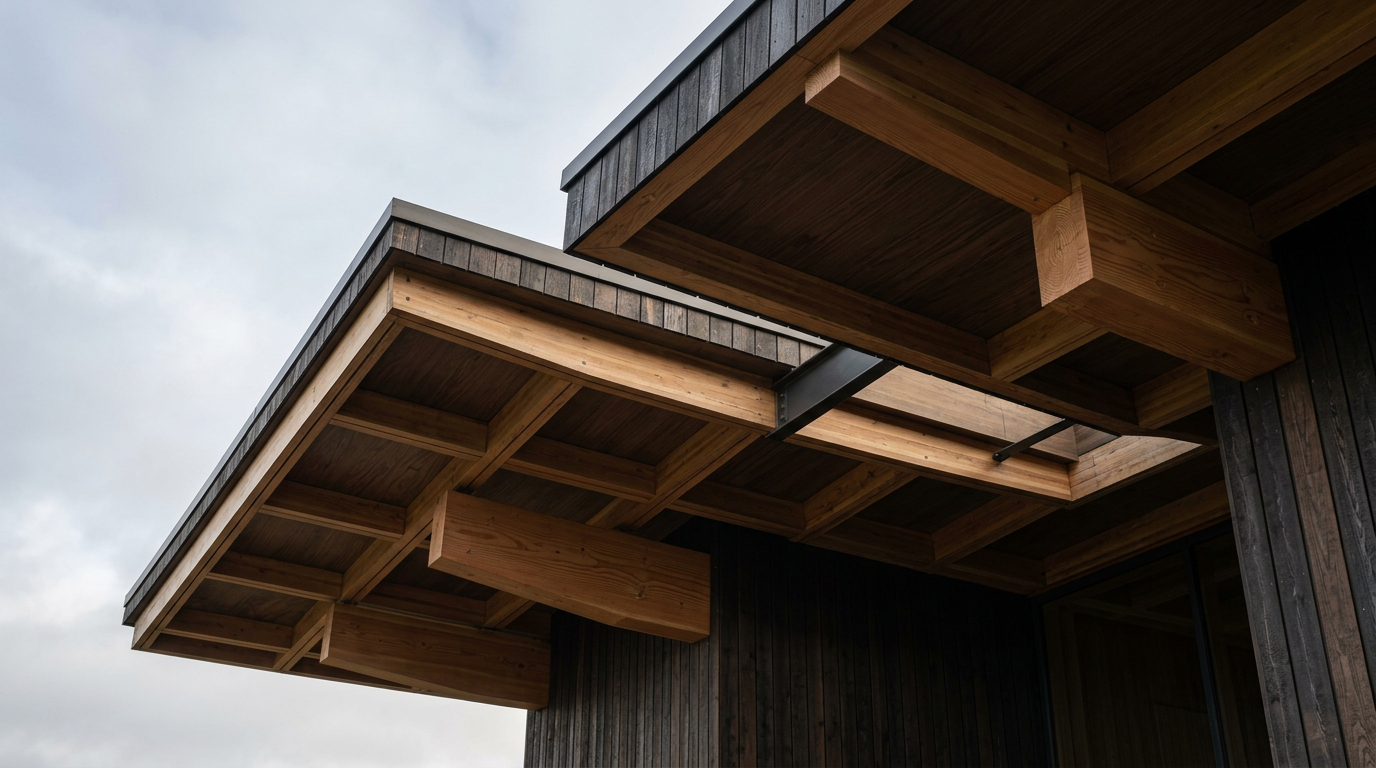 The underside of a modern timber roof overhang with intricate wooden beams, set against a cloudy sky.