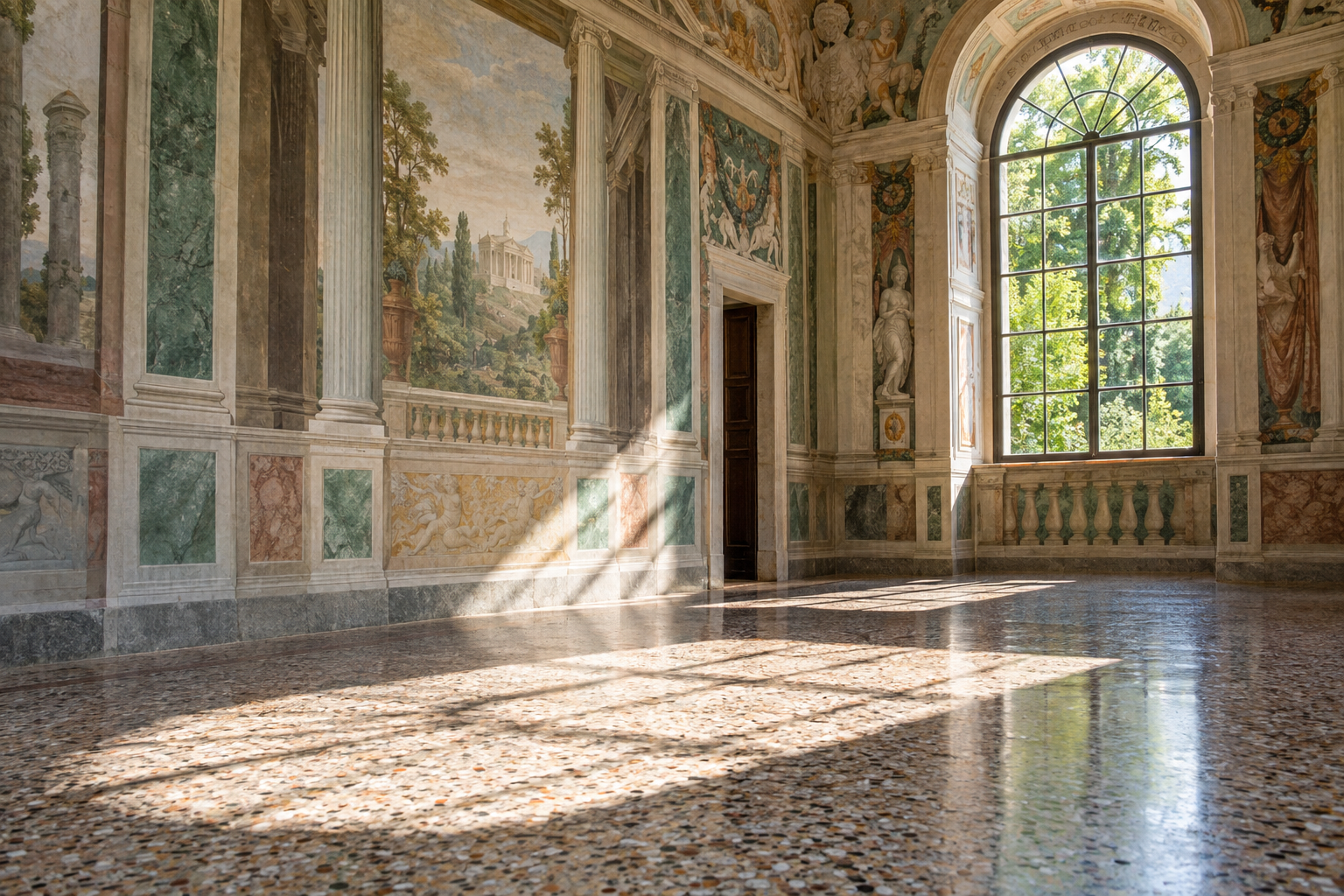 Ornate classical hall with frescoes, marble walls, terrazzo floor, and a large arched window revealing sunlit trees.