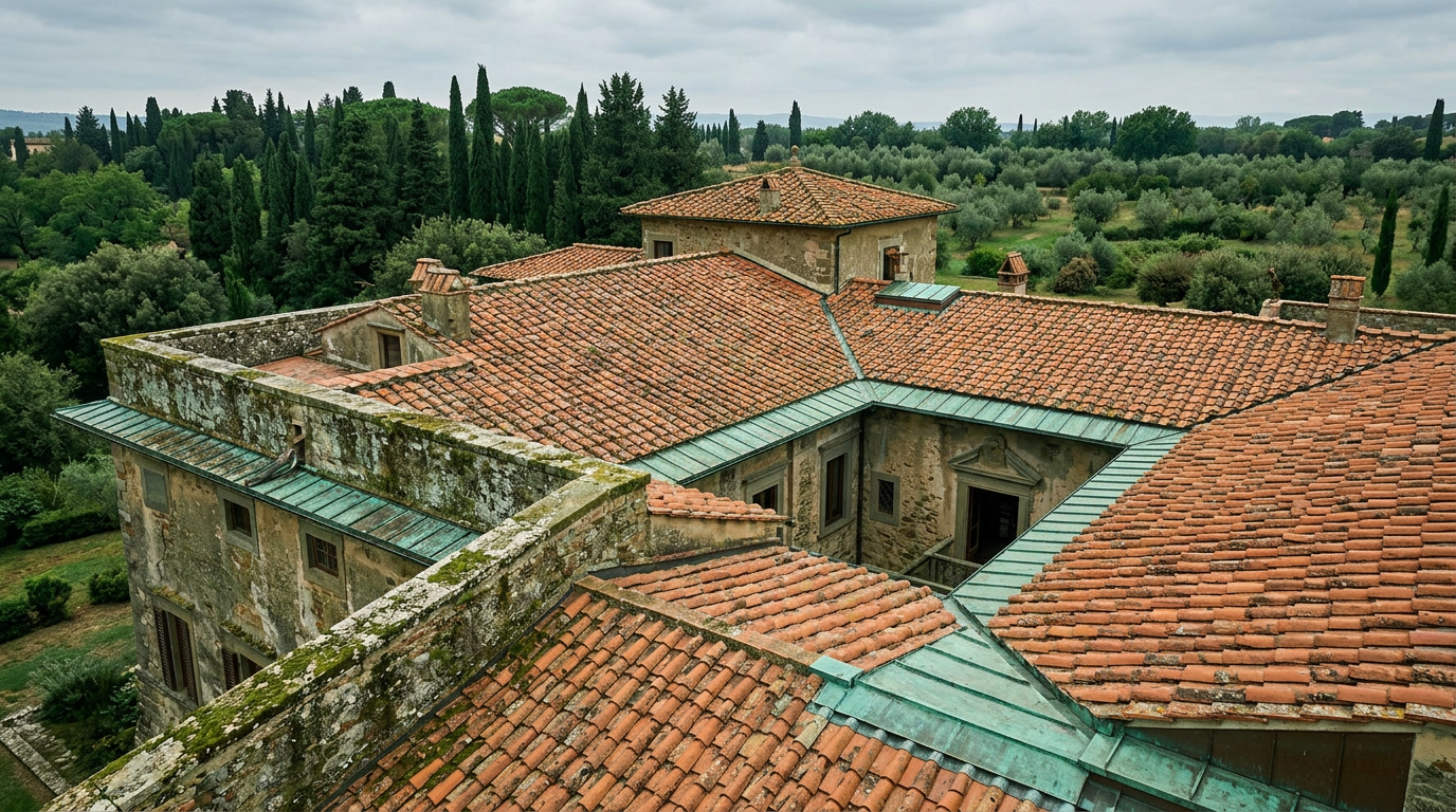Overhead view of the red tile and verdigris copper roofs of Villa Capponi architecture, surrounded by green trees and olive g